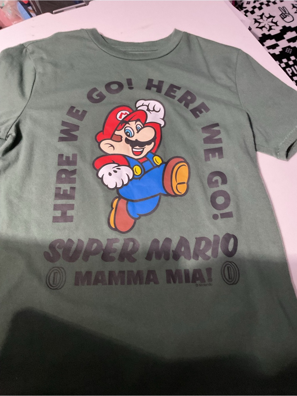 GAP Super Mario Graphic Tee in Sage Green with Red & Blue Accents